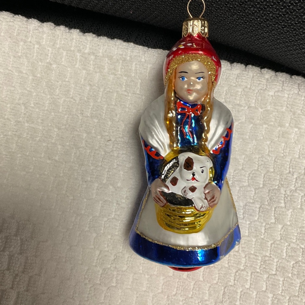 Christopher Radko Blue and Red Girl with Puppy Ornament